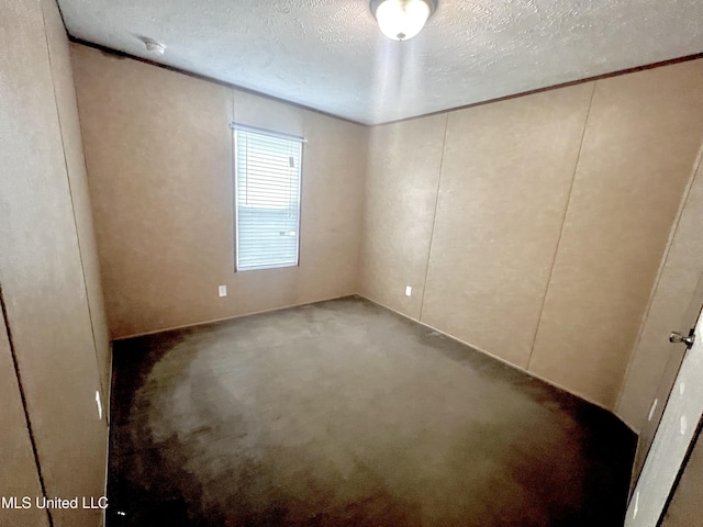 empty room with crown molding, a textured ceiling, and carpet flooring