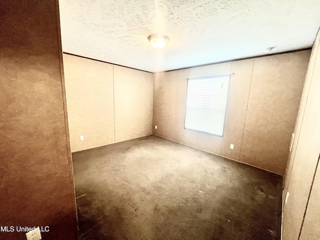 unfurnished room with a textured ceiling and carpet flooring