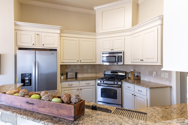 kitchen with stainless steel appliances, tasteful backsplash, stone counters, and crown molding