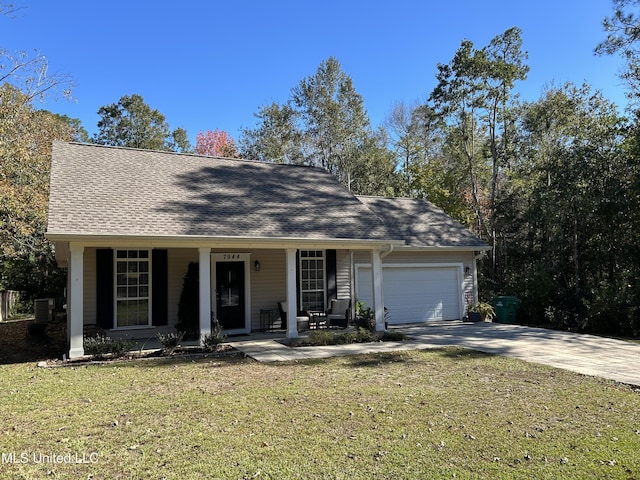 view of front of property with central air condition unit, a front yard, a porch, and a garage