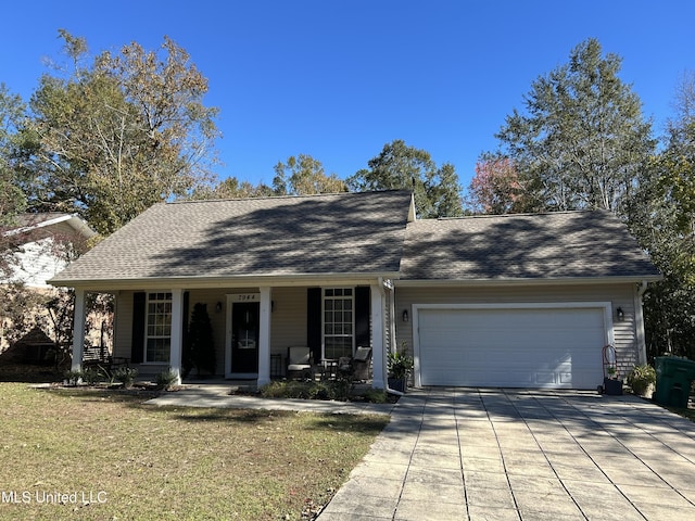 ranch-style house with a front yard, a porch, and a garage