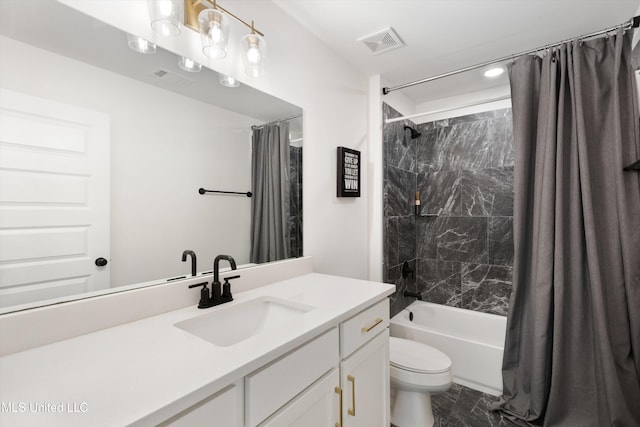 full bathroom with vanity, shower / bathtub combination with curtain, and toilet