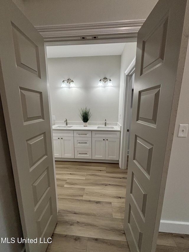 bathroom with vanity and wood-type flooring