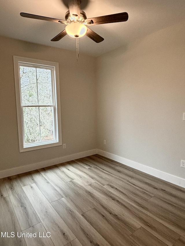 spare room featuring ceiling fan and light hardwood / wood-style flooring