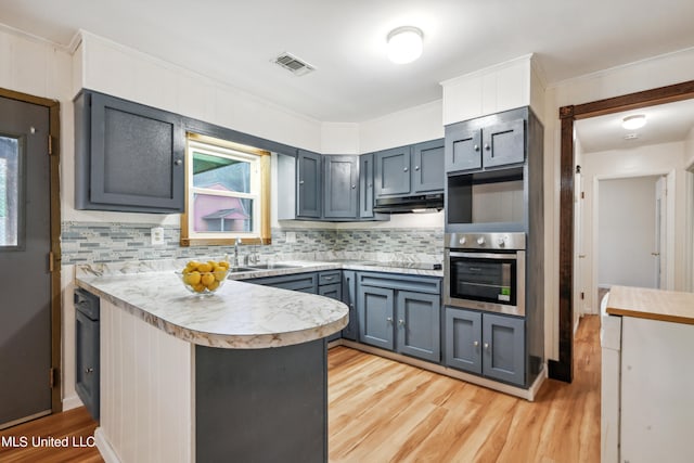 kitchen with sink, light hardwood / wood-style floors, decorative backsplash, kitchen peninsula, and stainless steel oven