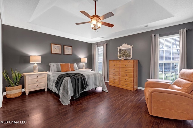 13245 Braybourne Pkwy, Olive Branch, MS 38654 - bedroom with a tray ceiling, wood-type flooring, baseboards, a ceiling fan, and ornamental molding