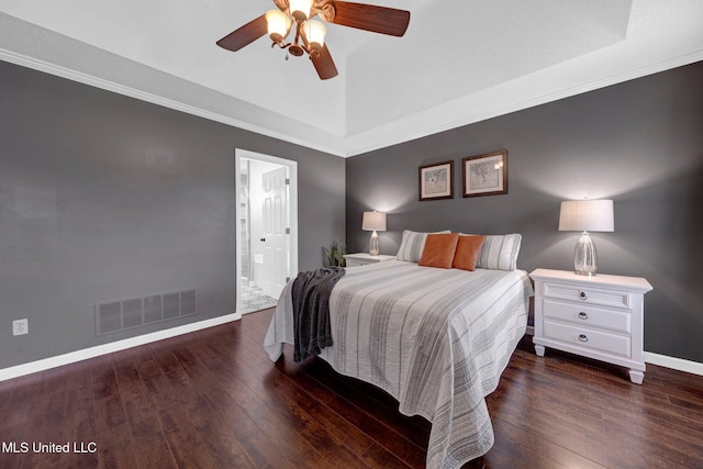 13245 Braybourne Pkwy, Olive Branch, MS 38654 - bedroom featuring hardwood / wood-style floors, baseboards, ceiling fan, a tray ceiling, and ornamental molding