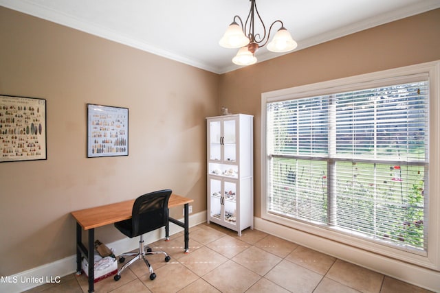 tiled office space featuring a chandelier and crown molding