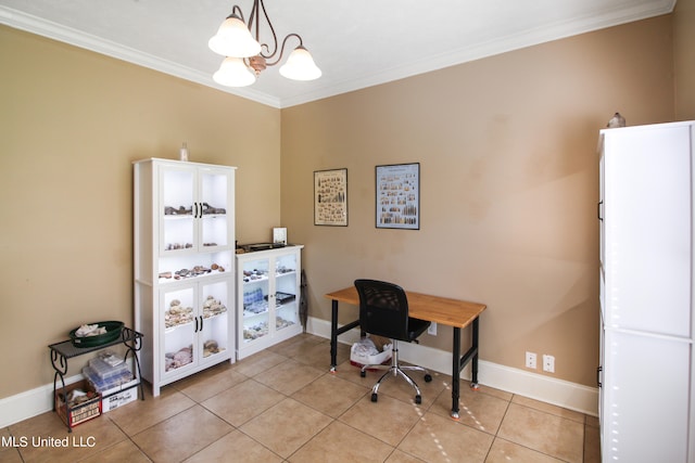 tiled home office with crown molding and an inviting chandelier