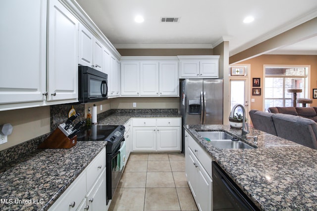 kitchen with white cabinetry, crown molding, black appliances, and sink