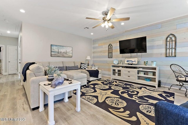 208 Sycamore St, Bay Saint Louis, MS 39520 - living area featuring attic access, wooden walls, a ceiling fan, light wood-style floors, and recessed lighting