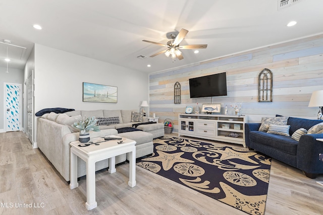 208 Sycamore St, Bay Saint Louis, MS 39520 - living room with attic access, a ceiling fan, wood walls, wood finished floors, and recessed lighting