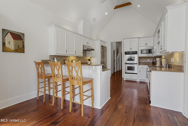 kitchen featuring dark wood-style floors, a peninsula, a sink, under cabinet range hood, and built in appliances