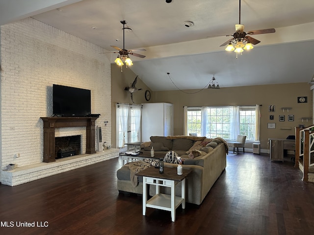 living room featuring high vaulted ceiling, ceiling fan, dark hardwood / wood-style floors, a fireplace, and beamed ceiling