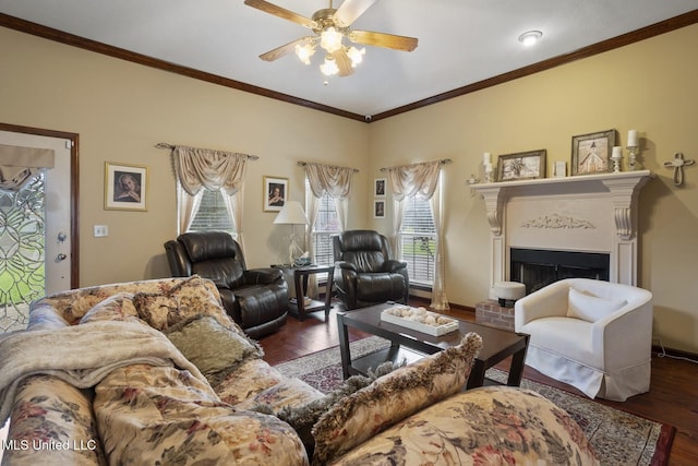 725 Bay Tree Dr, Flowood, MS 39232 - living room with wood finished floors, ceiling fan, a fireplace, and ornamental molding
