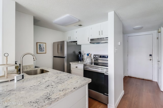 138 Molokai Vlg Unit J, Diamondhead, MS 39525 - kitchen featuring appliances with stainless steel finishes, a sink, under cabinet range hood, light stone countertops, and dark wood-style floors