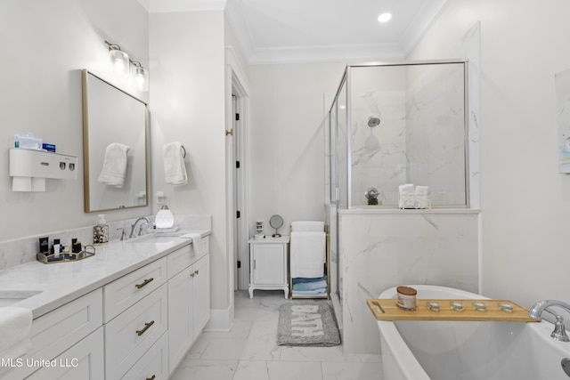 bathroom with vanity, crown molding, and independent shower and bath