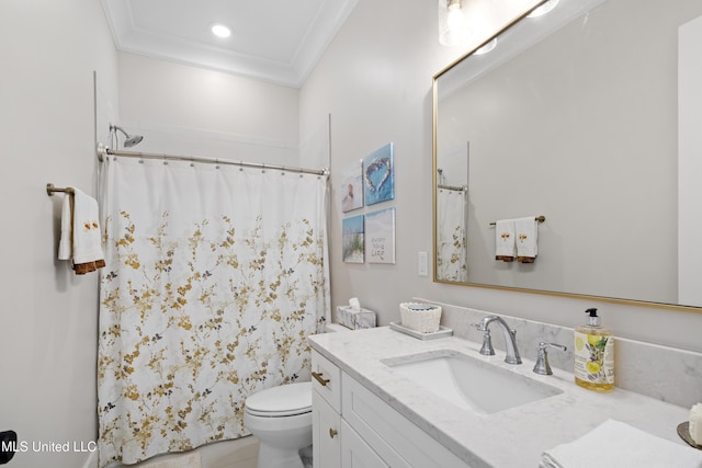 bathroom featuring toilet, vanity, ornamental molding, and a shower with curtain