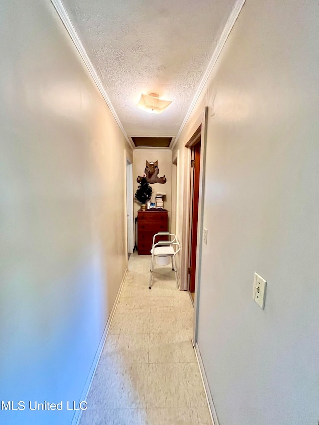 corridor featuring crown molding and a textured ceiling