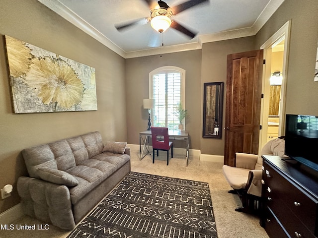 121 Vinca Dr, Madison, MS 39110 - living area with crown molding, a ceiling fan, carpet flooring, and baseboards