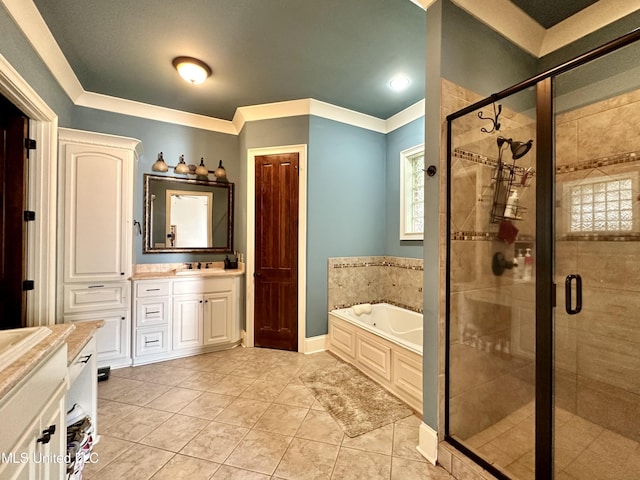 121 Vinca Dr, Madison, MS 39110 - full bath featuring a garden tub, vanity, a stall shower, tile patterned flooring, and baseboards