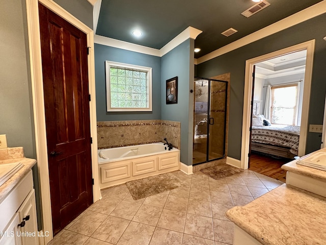 121 Vinca Dr, Madison, MS 39110 - bathroom featuring connected bathroom, a shower stall, plenty of natural light, vanity, and ornamental molding