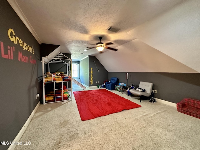 121 Vinca Dr, Madison, MS 39110 - bedroom featuring baseboards, carpet floors, a textured ceiling, lofted ceiling, and a ceiling fan