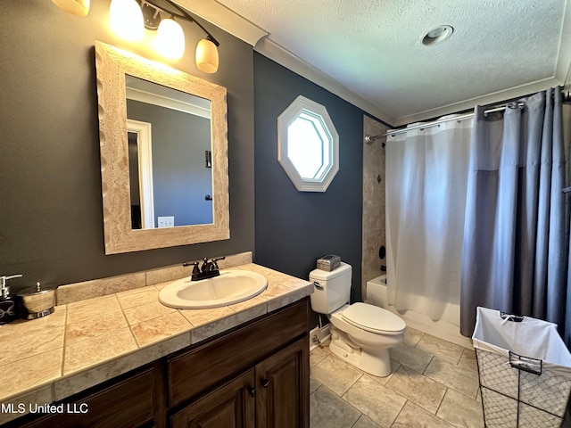 121 Vinca Dr, Madison, MS 39110 - bathroom with a textured ceiling, toilet, vanity, shower / tub combo with curtain, and tile patterned flooring