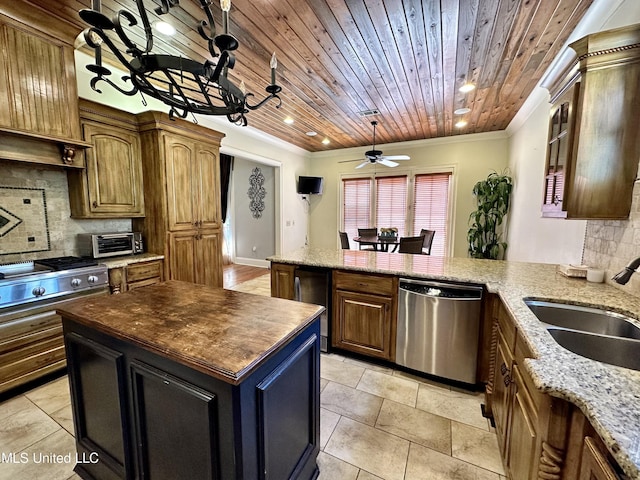 121 Vinca Dr, Madison, MS 39110 - kitchen featuring stainless steel dishwasher, a sink, wood ceiling, tasteful backsplash, and crown molding