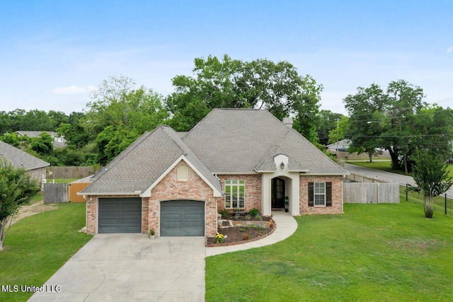 french country style house with a garage and a front yard