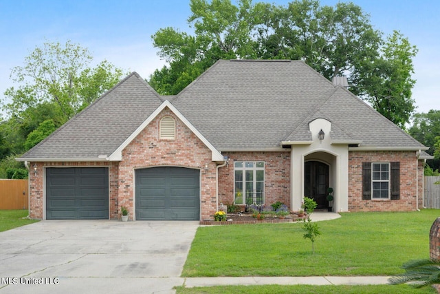 view of front of home with a front lawn and a garage