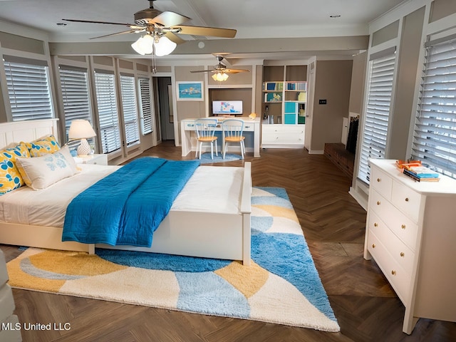 bedroom with ornamental molding, dark parquet floors, and ceiling fan