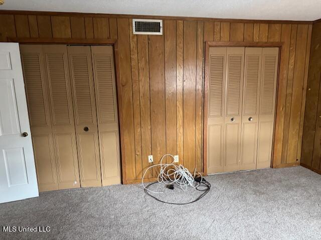 unfurnished bedroom featuring wooden walls and carpet floors