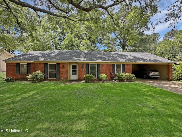 1008 Normandy Dr, Clinton, MS 39056 - ranch-style house featuring driveway, a front lawn, an attached carport, and brick siding
