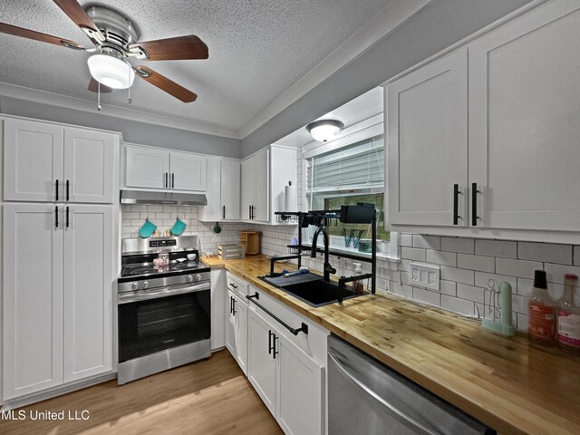 1008 Normandy Dr, Clinton, MS 39056 - kitchen featuring stainless steel appliances, butcher block counters, a sink, under cabinet range hood, and a ceiling fan