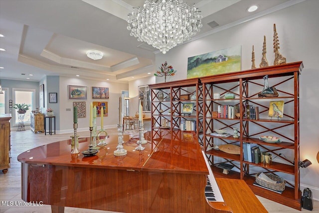205 Audubon Point Dr, Brandon, MS 39047 - office space featuring an inviting chandelier, baseboards, ornamental molding, and a tray ceiling
