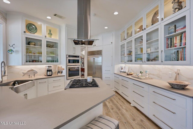 205 Audubon Point Dr, Brandon, MS 39047 - kitchen featuring a sink, stainless steel appliances, decorative backsplash, island exhaust hood, and visible vents