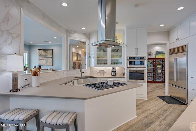 205 Audubon Point Dr, Brandon, MS 39047 - kitchen featuring a sink, light wood-style floors, stainless steel appliances, white cabinetry, and island range hood