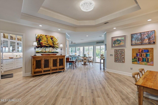 205 Audubon Point Dr, Brandon, MS 39047 - interior space with visible vents, crown molding, light wood finished floors, a tray ceiling, and recessed lighting