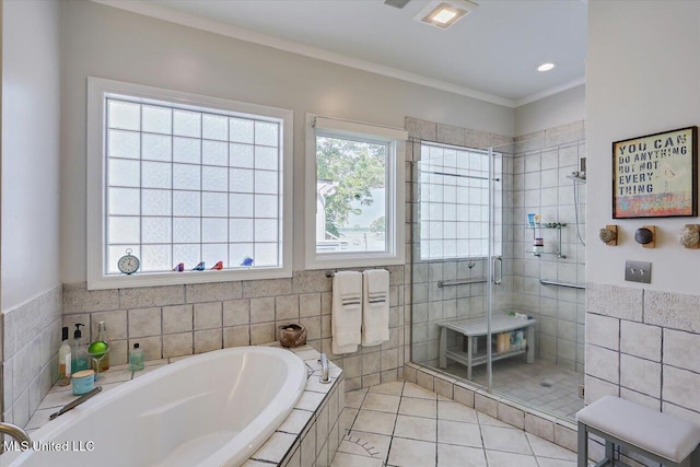 205 Audubon Point Dr, Brandon, MS 39047 - full bath with a bath, tile walls, tile patterned flooring, a stall shower, and ornamental molding