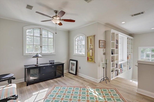 205 Audubon Point Dr, Brandon, MS 39047 - sitting room featuring ceiling fan, visible vents, baseboards, and light wood-type flooring