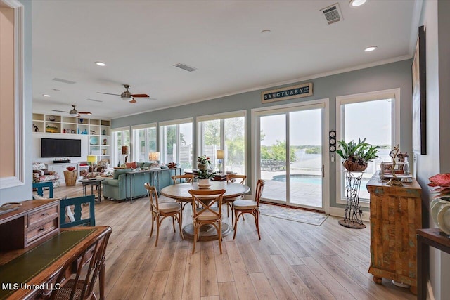 205 Audubon Point Dr, Brandon, MS 39047 - dining space with a ceiling fan, visible vents, crown molding, recessed lighting, and light wood-style flooring