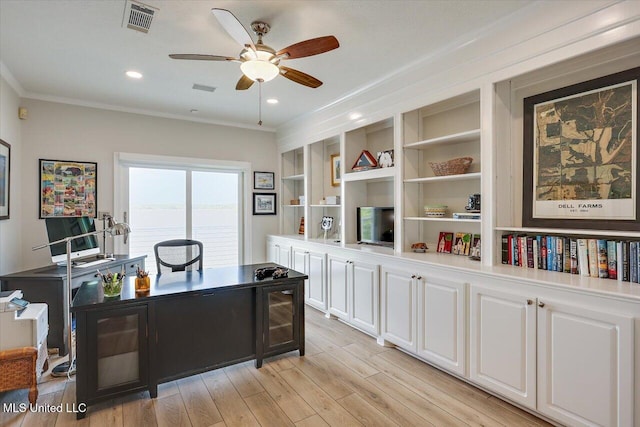 205 Audubon Point Dr, Brandon, MS 39047 - office with a ceiling fan, visible vents, ornamental molding, and light wood-type flooring