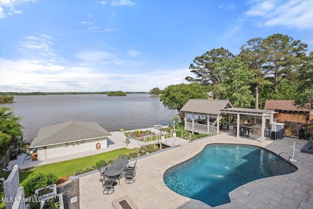 205 Audubon Point Dr, Brandon, MS 39047 - view of pool featuring fence, a pergola, a fenced in pool, a patio area, and a water view