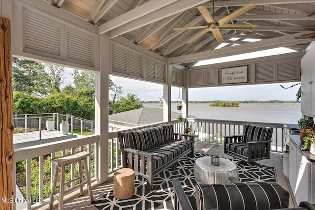 205 Audubon Point Dr, Brandon, MS 39047 - wooden terrace with a water view, a gazebo, and a ceiling fan