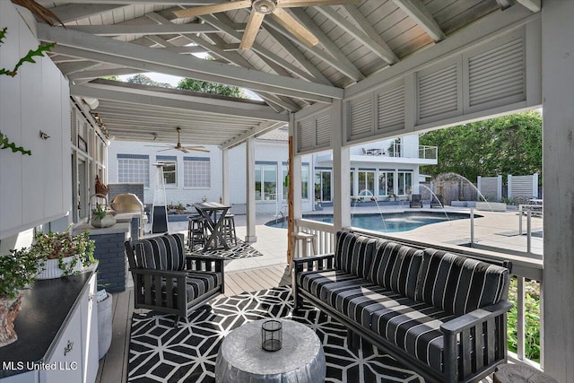 205 Audubon Point Dr, Brandon, MS 39047 - view of patio / terrace featuring an outdoor living space, a ceiling fan, an outdoor pool, and a deck