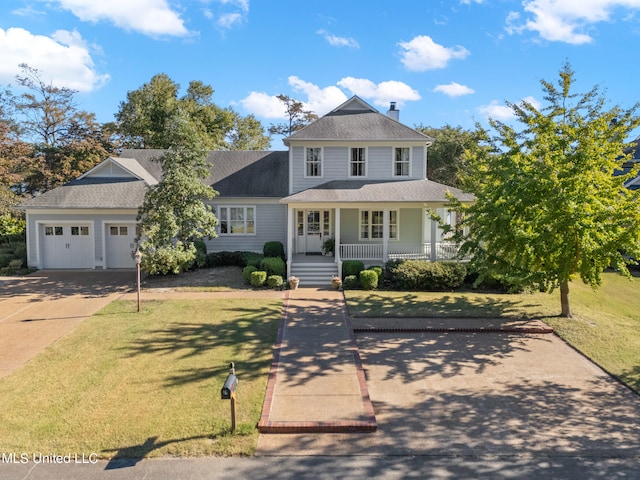 view of front of home with concrete driveway, a porch, an attached garage, a front yard, and a shingled roof