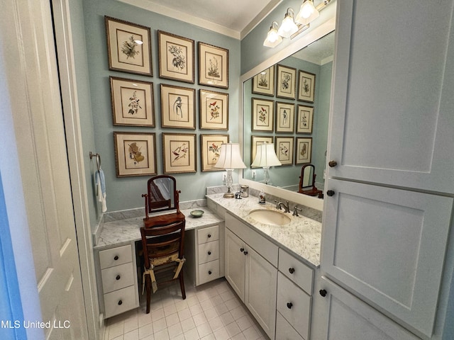 bathroom featuring vanity, crown molding, and tile patterned floors