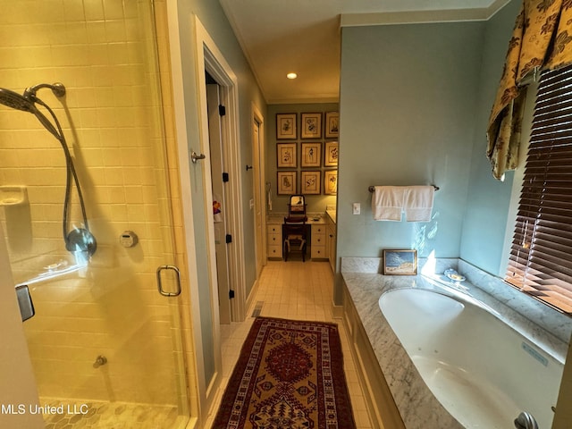 bathroom with a stall shower, a garden tub, recessed lighting, and tile patterned flooring
