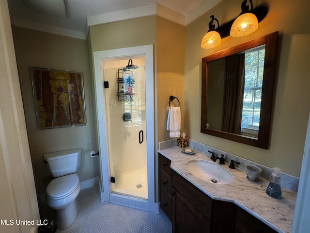 full bath with toilet, a stall shower, vanity, tile patterned flooring, and ornamental molding